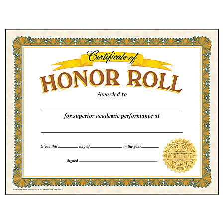 TREND Certificates Honor Roll 8 12 x 11 GoldWhite Pre K Grade 12 Pack
