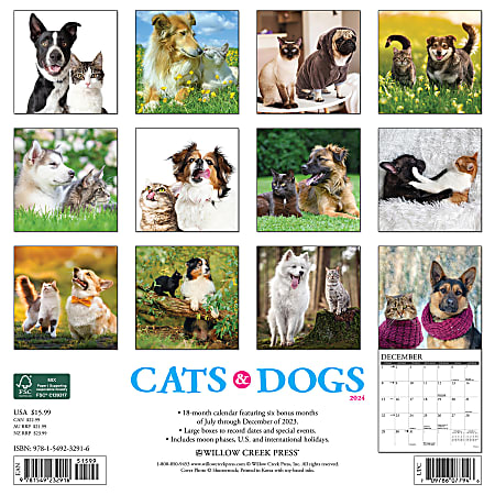 2024 Willow Creek Press Animals Monthly Wall Calendar 12 x 12 Cats Dogs ...