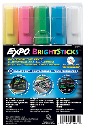 EXPO® Bright Sticks Wet-Erase Fluorescent Markers, Bullet Tip, Black Barrel, Assorted Ink, Set Of 36 Markers