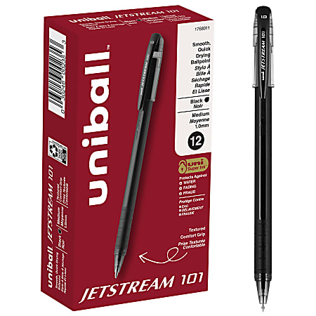 uni-ball® Jetstream™ 101 Rollerball Pens, Medium Point, 1.0mm, Black Barrel, Black Ink, Pack Of 12