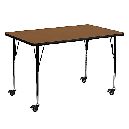 Flash Furniture Mobile Rectangular HP Laminate Activity Table With Standard Height-Adjustable Legs, 30-1/2"H x 30"W x 60"D, Oak