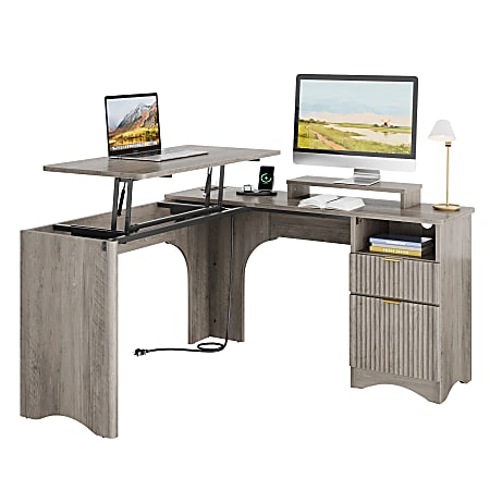 Bestier 55"W L-Shaped Adjustable Height Computer Standing Desk With Power Outlets, Lift-Top And Monitor Stand, Wash Gray