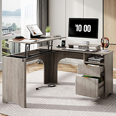 Bestier 55"W L-Shaped Adjustable Height Computer Standing Desk With Power Outlets, Lift-Top And Monitor Stand, Wash Gray