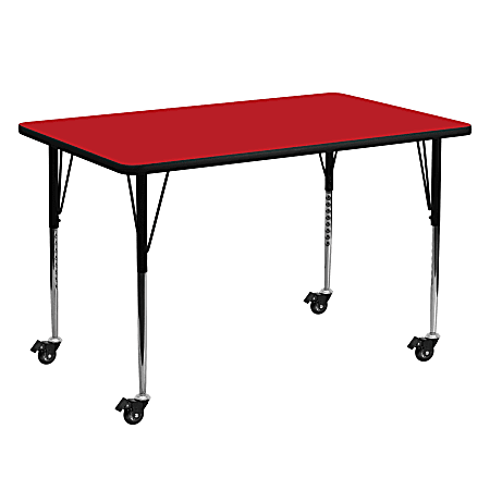 Flash Furniture Mobile Rectangular HP Laminate Activity Table With Standard Height-Adjustable Legs, 30-1/2"H x 30"W x 60"D, Red