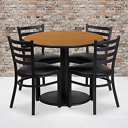 Flash Furniture Round Laminate Table Set With Round Base And 4 Ladder-Back Metal Chairs, 30"H x 36"W x 36"D, Natural/Black