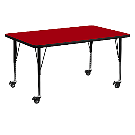 Flash Furniture Mobile Rectangular Thermal Laminate Activity Table With Height-Adjustable Short Legs, 25-3/8"H x 30"W x 60"D, Red