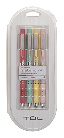 TUL® GL Series Retractable Gel Pens, Medium Point, 0.8 mm, Assorted Barrel Colors With Silver Brushed Foil, Assorted Metallic Inks, Pack Of 4 Pens