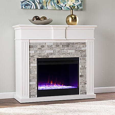 SEI Furniture Bondale Color-Changing Electric Fireplace, 38-1/4”H x 41-3/4”W x 15-3/4”D, White/Gray Faux Stone