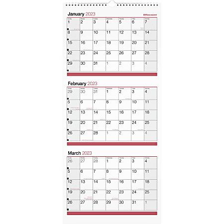 2023-2024 Office Depot® Brand 3-Month Monthly Wall Calendar, 12" x 27", White, January 2023 To February 2024 , OD303028