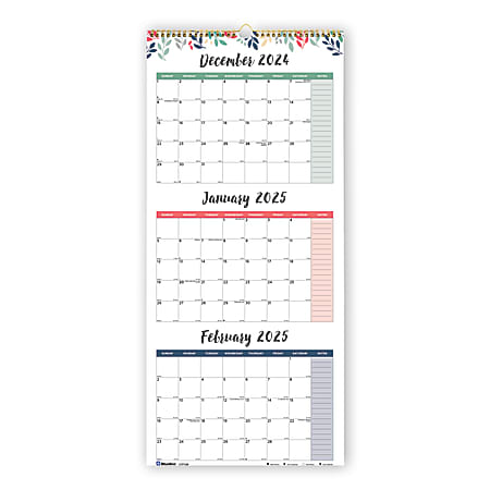 2024-2026 Blueline 3-Month Wall Calendar, 12-1/4" x 27", Leaves, December To January, C171129