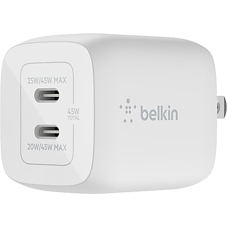 Belkin BoostCharge Pro Dual USB-C GaN Wall Charger with PPS 45W Laptop Chromebook Charging - Power Adapter - 45 W