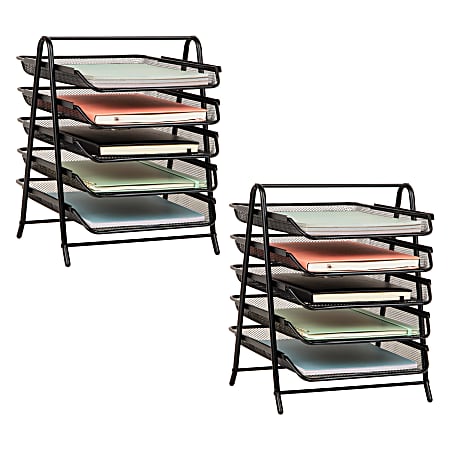 Mind Reader 5-Tier Paper Tray Desktop Organizer Metal Mesh, 14-1/2"H x 14"W x 11-3/4" L, Set of 2, Black