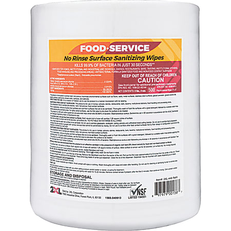 2XL No Rinse Food Service Sanitizing Wipes, 6” x 8”, White, 500 Sheets Per Roll