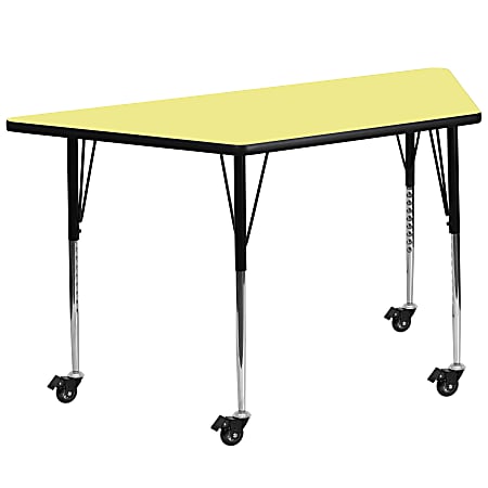 Flash Furniture Mobile Trapezoid Thermal Laminate Activity Table With Standard Height-Adjustable Legs, 30-3/8"H x 29"W x 57"D, Yellow