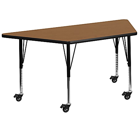 Flash Furniture Mobile 60"W Trapezoid Thermal Laminate Activity Table With Short Height-Adjustable Legs, Oak