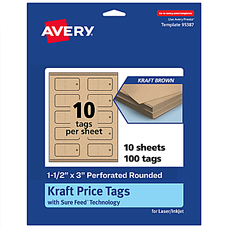 Avery® Print-To-The-Edge Price Tags With Sure Feed® Technology, 1-1/2"x3" Rectangle Rounded, Kraft Brown, Pack Of 100, 95387KMT10