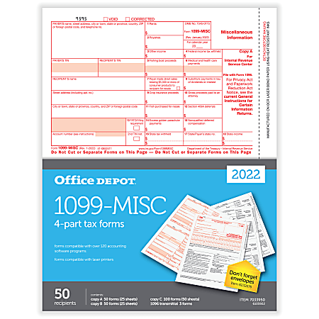 Office Depot® Brand 1099-MISC Laser Tax Forms, 4-Part, 2-Up, 8-1/2" x 11", Pack Of 50 Forms