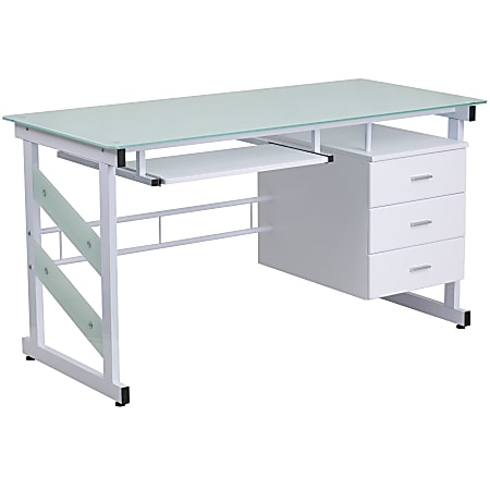 Flash Furniture Frosted Computer Desk With 3-Drawer Pedestal, White