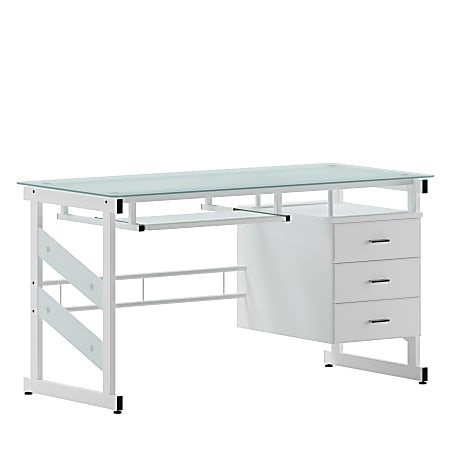 Flash Furniture 55"W Frosted Computer Desk With 3-Drawer Pedestal, White