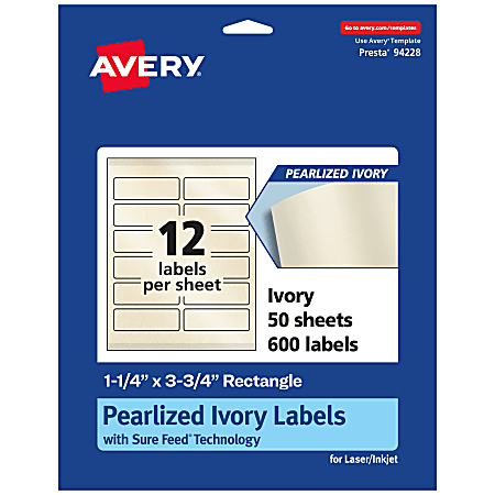 Avery® Pearlized Permanent Labels With Sure Feed®, 94228-PIP50, Rectangle, 1-1/4" x 3-3/4", Ivory, Pack Of 600 Labels