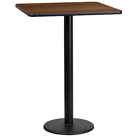 Flash Furniture Square Laminate Table Top With Round Bar-Height Table Base, 43-3/16”H x 24”W x 24”D, Walnut