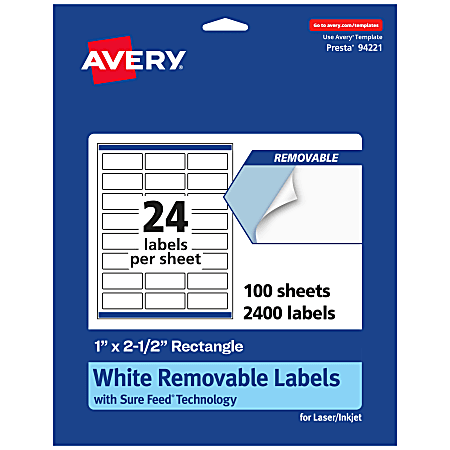 Avery® Removable Labels With Sure Feed®, 94221-RMP100, Rectangle, 1" x 2-1/2", White, Pack Of 2,400 Labels