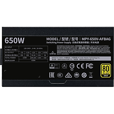 Cooler Master V650 Gold - V2 Semi-Fanless Full-Modular 80 Plus Gold Power Supply - Internal - 120 V AC, 230 V AC Input - 5 V DC @ 20 A, 3.3 V DC @ 20 A, 12 V DC @ 54.1 A, 12 V DC @ 300 mA, 5 V DC @ 3 A Output - 650 W - 1 Fan(s) - 90% Efficiency