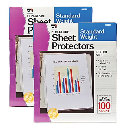 Charles Leonard Top-Loading Sheet Protectors, Non-Glare, 8 1/2" x 11", Clear, 100 Per Pack, 2 Packs