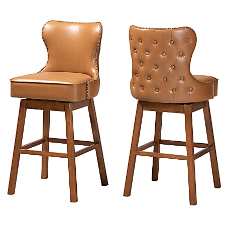 Baxton Studio Gradisca Faux Leather Swivel Bar Stools, Tan/Walnut, Set Of 2 Stools