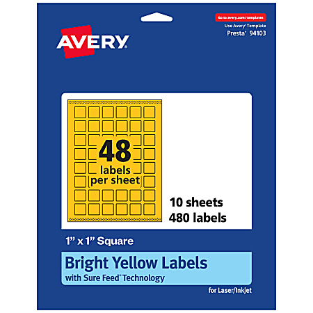 Avery® Print-To-The-Edge Labels With Sure Feed® Technology And Easy Peel®, 94103-BYP10, Square, 1" x 1", Matte Bright Yellow, Pack of 480