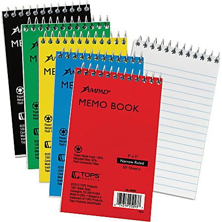 Ampad® Memo Book, 3" x 5", 50 Sheets, 100% Recycled, Assorted Colors, Pack Of 5