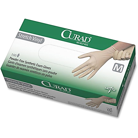 Medline Powder-free Stretch Vinyl Exam Gloves - Medium Size - Vinyl - Cream - Stretchable, Powder-free, Latex-free, Non-sterile, Beaded Cuff - For Multipurpose - 150 / Box - 9.50" Glove Length