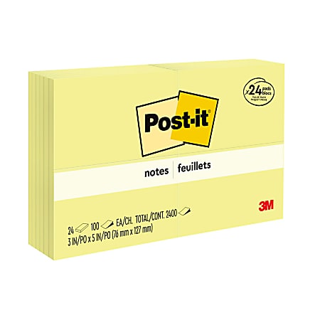 Post-it Notes Value Pack, 3 in x 5 in, 24 Pads, 100 Sheets/Pad, Clean Removal, Canary Yellow