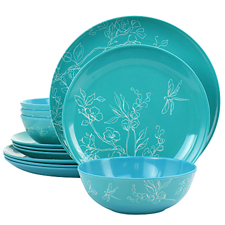 Martha Stewart 12-Piece Leafy Floral Melamine Dinnerware Set, Turquoise
