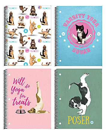 Inkology Spiral Notebooks, 8" x 10-1/2", College Ruled, 140 Pages (70 Sheets), Yoga Cats & Dogs, Pack Of 12 Notebooks