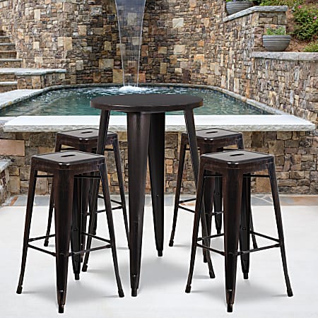 Flash Furniture Commercial-Grade Round Metal Indoor/Outdoor Bar Table Set With 4 Square Backless Stools, 41"H x 24"W x 24"D, Black/Antique Gold