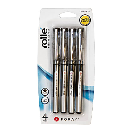 FORAY® Liquid Ink Rollerball Pens, Medium Point, 0.7 mm, Silver Barrel, Black Ink, Pack Of 4