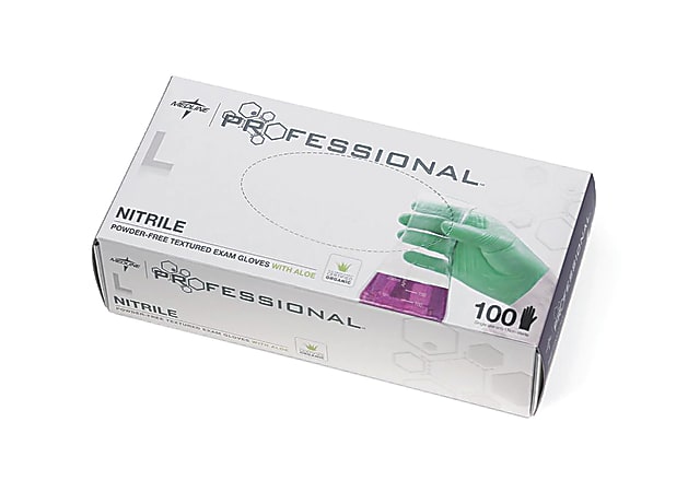 Medline Professional Powder-Free Nitrile Exam Gloves With Aloe, Large, Green, Box Of 100