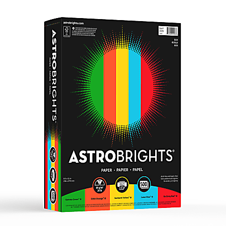 Astrobrights® Color Multi-Use Printer & Copy Paper, Eco Assortment, Letter (8.5" x 11"), 500 Sheets Per Ream, 24 Lb, 94 Brightness