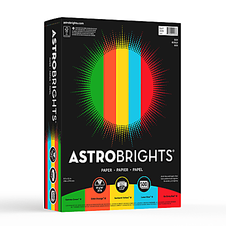 Astrobrights® Color Multi-Use Printer & Copy Paper, 1 Ream, Eco Assortment, Letter (8.5" x 11"), 500 Sheets Per Ream, 24 Lb, 94 Brightness