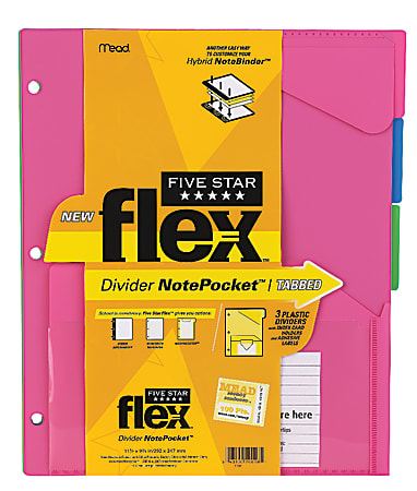 Five Star® Flex® NotePocket Index Dividers, 3-Tab, Assorted Colors, Pack Of 3
