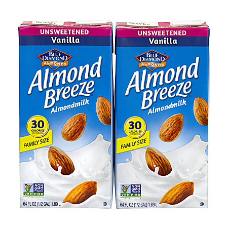 Blue Diamond Almond Breeze Unsweetened Almond Milk, Vanilla, 64 Fl Oz, Pack Of 2 Cartons