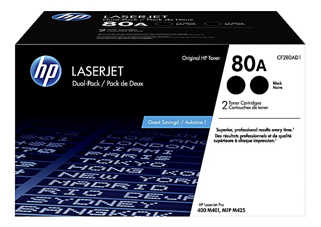 HP 80A Black Toner Cartridges, Pack Of 2, CF280AD1