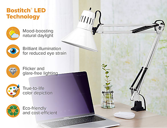 Swing arm desk lamp with metal clamp outlet