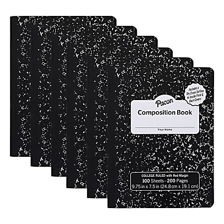 Pacon Composition Book, 9/32&rdquo; Ruling With 9-3/4" x 7-1/2" Red Margin, Black Marble, 100 Sheets, Pack Of 6 Books