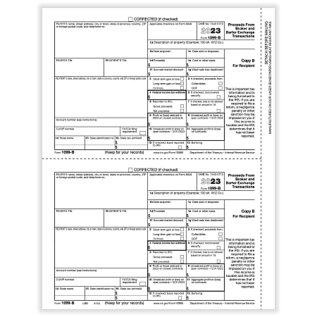 ComplyRight® 1099-B Tax Forms, 2-Up, Recipient Copy B, Laser, 8-1/2" x 11", Pack Of 100 Forms