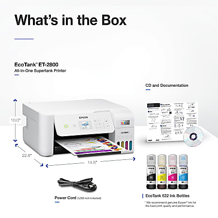  Epson EcoTank ET-2720 Wireless Color All-in-One Supertank  Printer with Scanner and Copier - White : Office Products