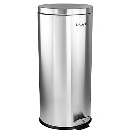 Elama 7.9-Gallon Soft Pedal Step Cylindrical Home And Kitchen Trash Bin, 25-5/16”H x 11-1/2”W x 12-1/2”D, Matte Silver