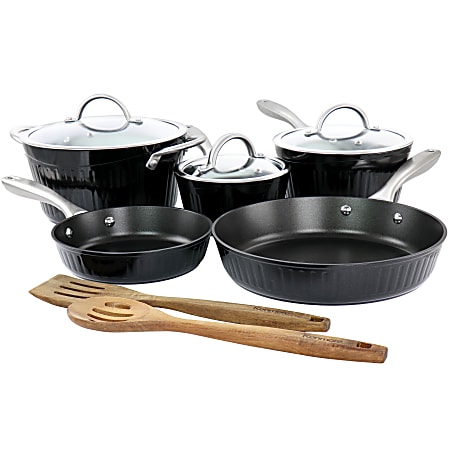 Kenmore Logan 10-Piece Aluminum Nonstick Cookware Set With Wood Utensils, Black