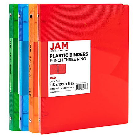 JAM PAPER 3 Ring Plastic Binder, 0.5 inch, Assorted,4/pack